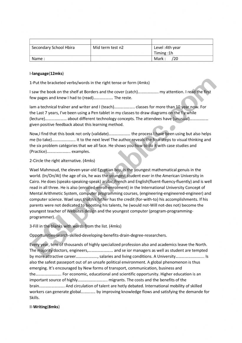 Mid term test n2 4th year  worksheet