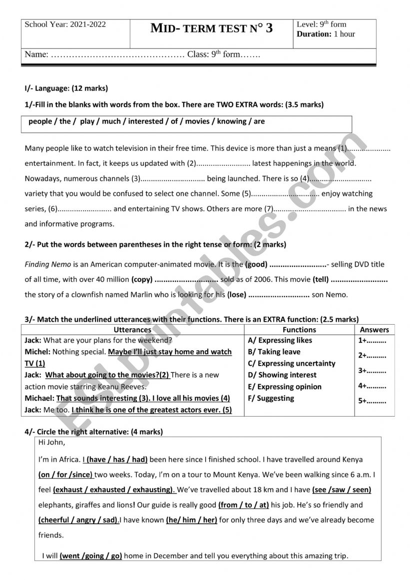 Mid-term test 3 worksheet