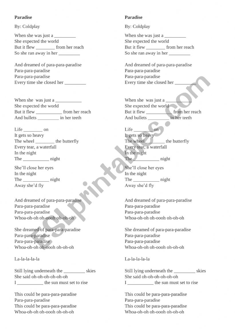 Paradise - Coldplay worksheet