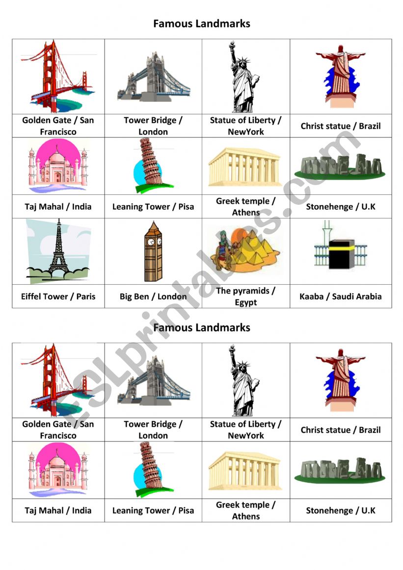 Famous Landmarks Around The World - ESL worksheet by gmhenry14