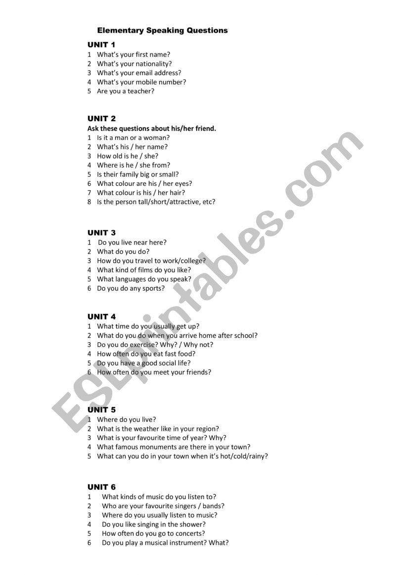 Oral exam questions worksheet