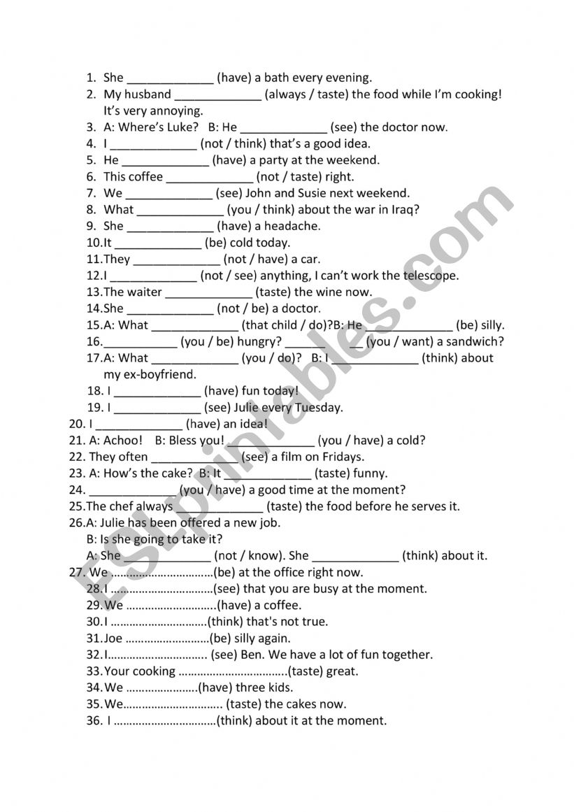 stative verbs worksheet