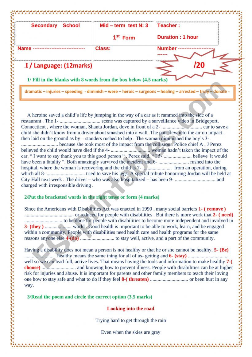 mid term test 3 1st form worksheet