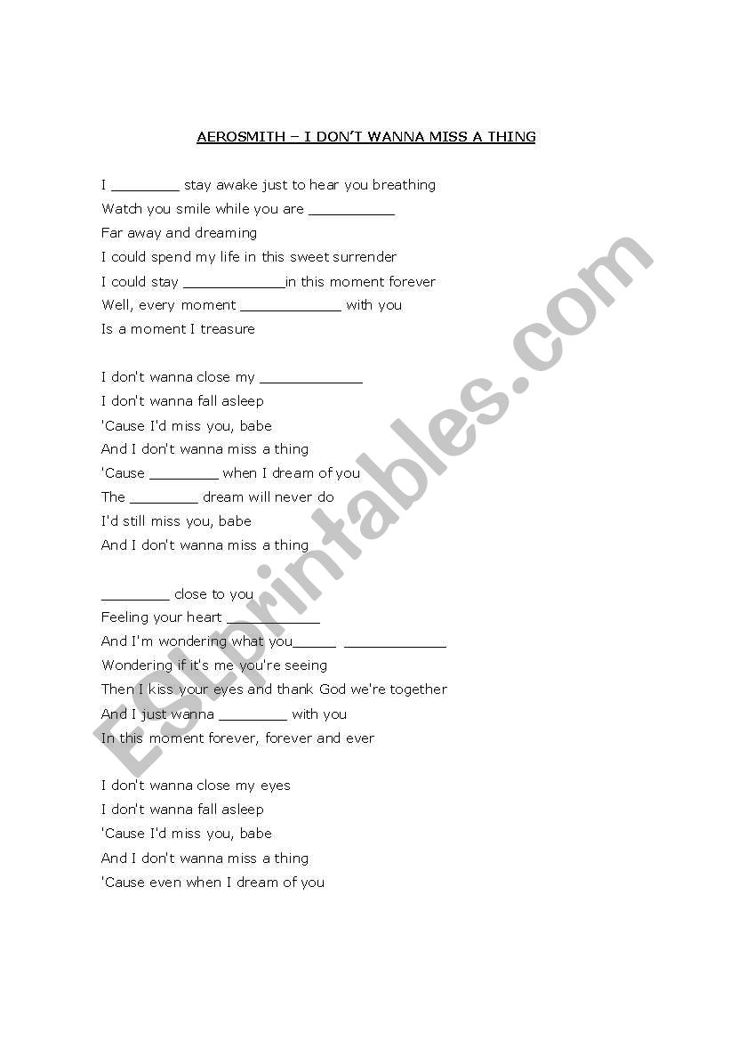 I dont wanna miss a thing worksheet