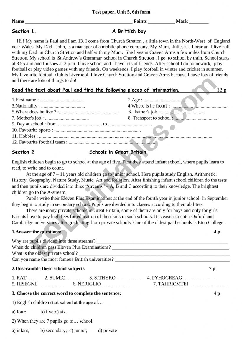 Reading Comprehension worksheet