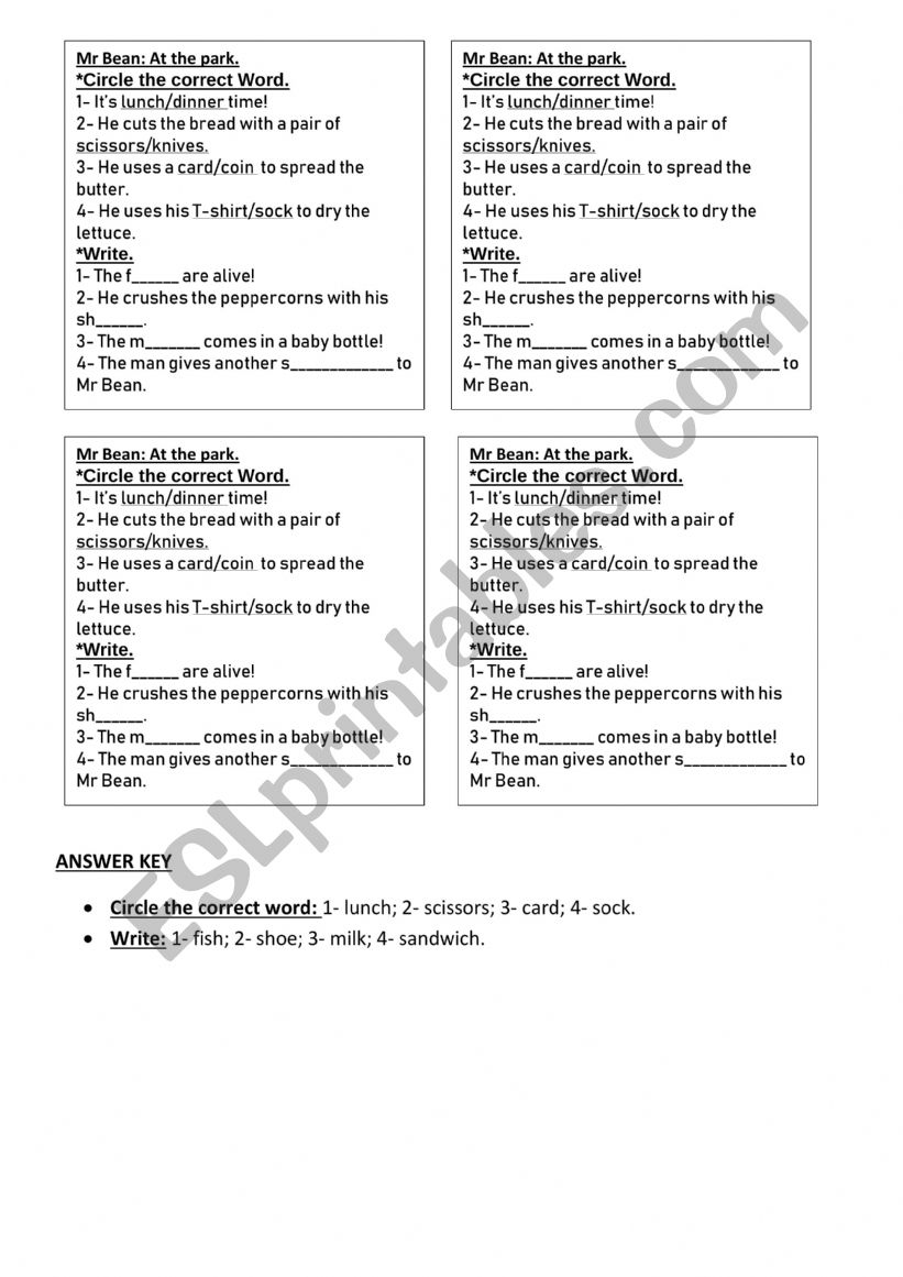 Mr Bean- At the Park worksheet