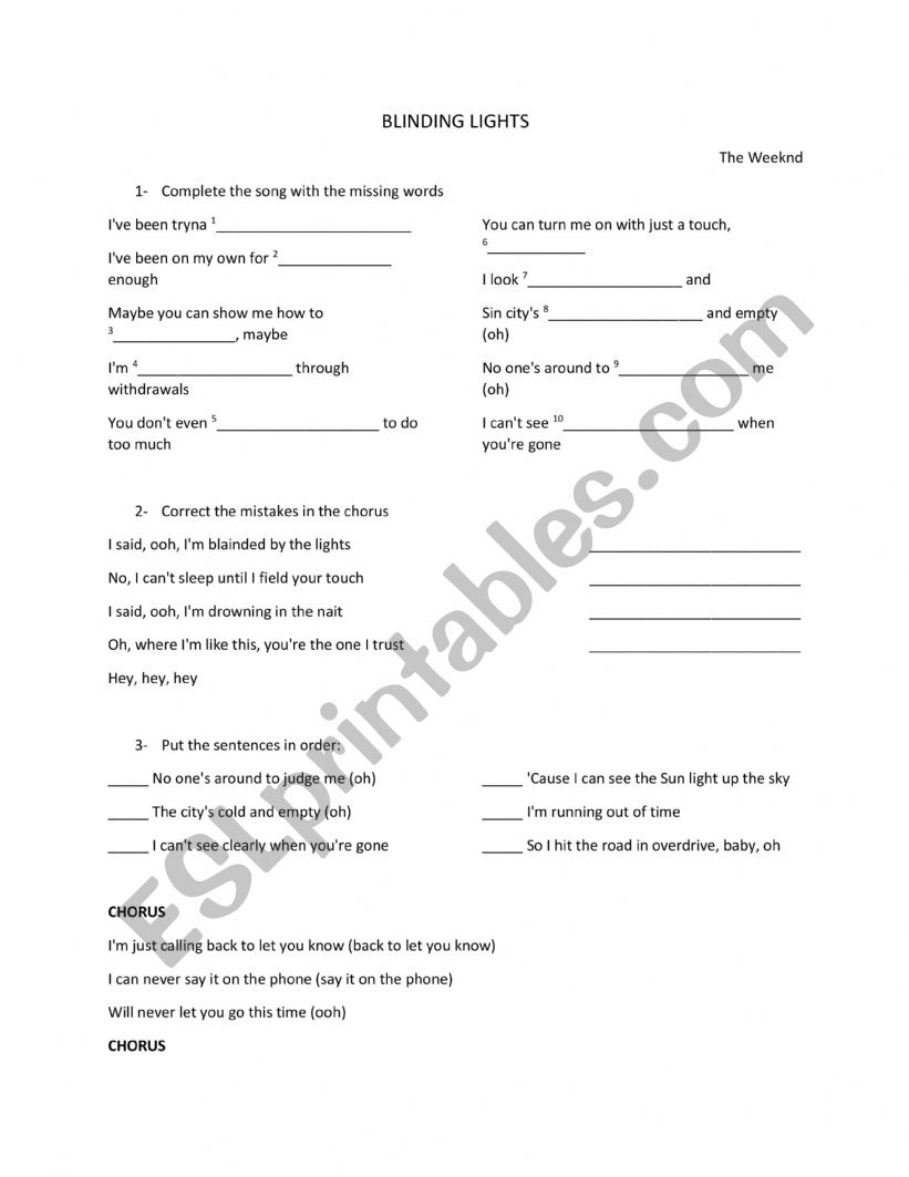 Blinding Lights worksheet