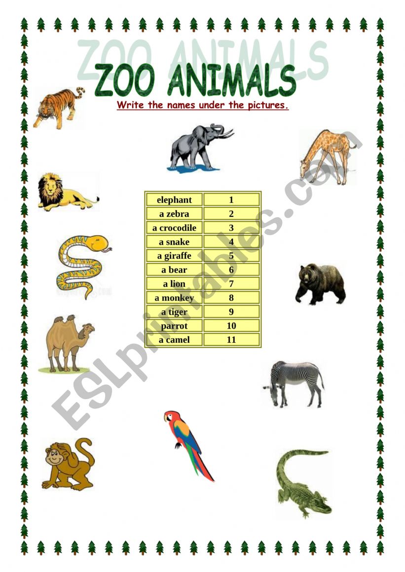Zoo animals (find and write numbers and names!) - ESL worksheet by  ira-mal@