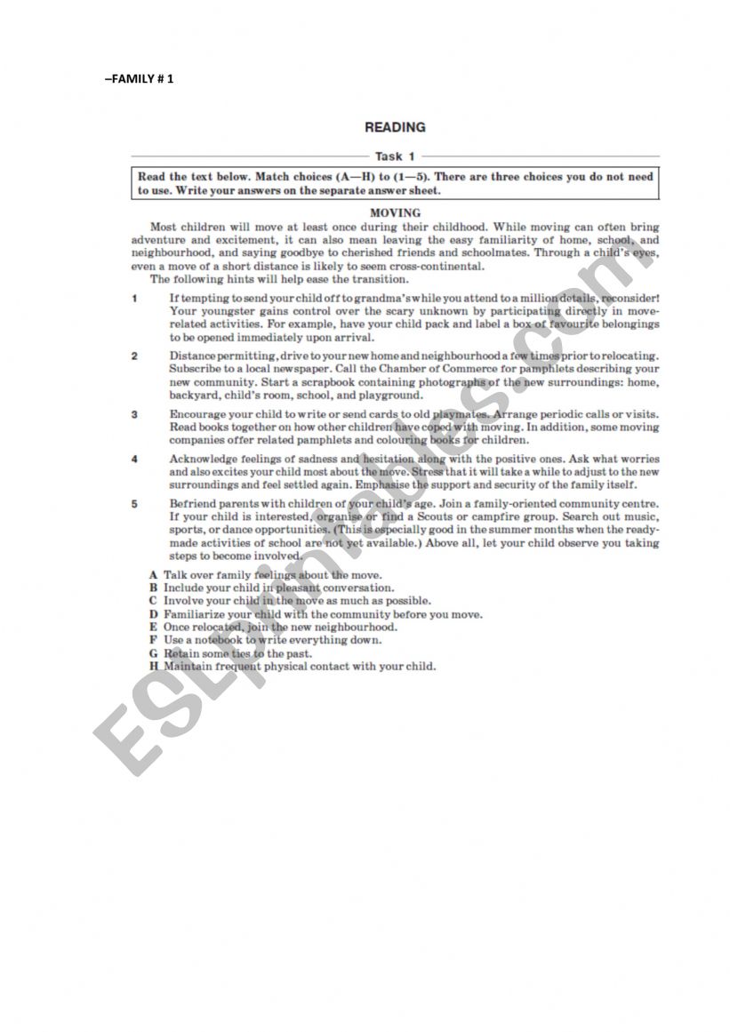 Family (texts for reading) worksheet