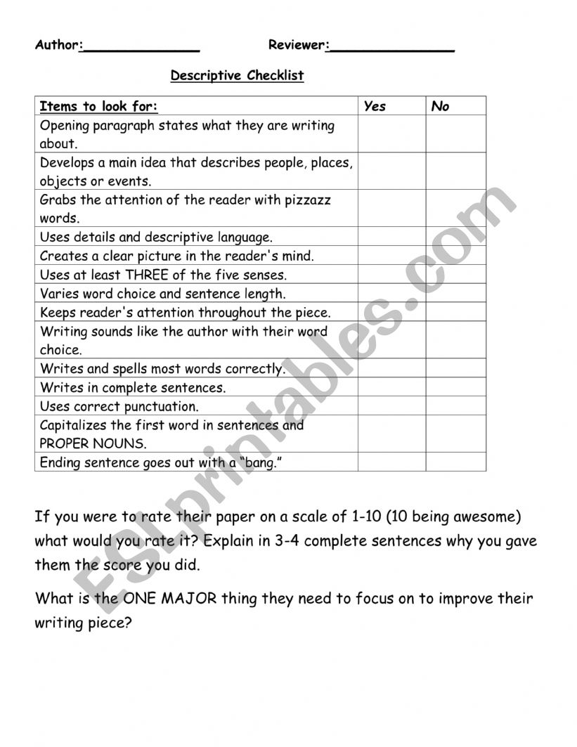 descriptive paragraph checklist