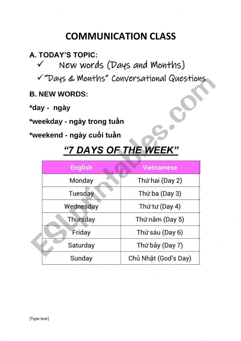 DAY & MONTHS worksheet