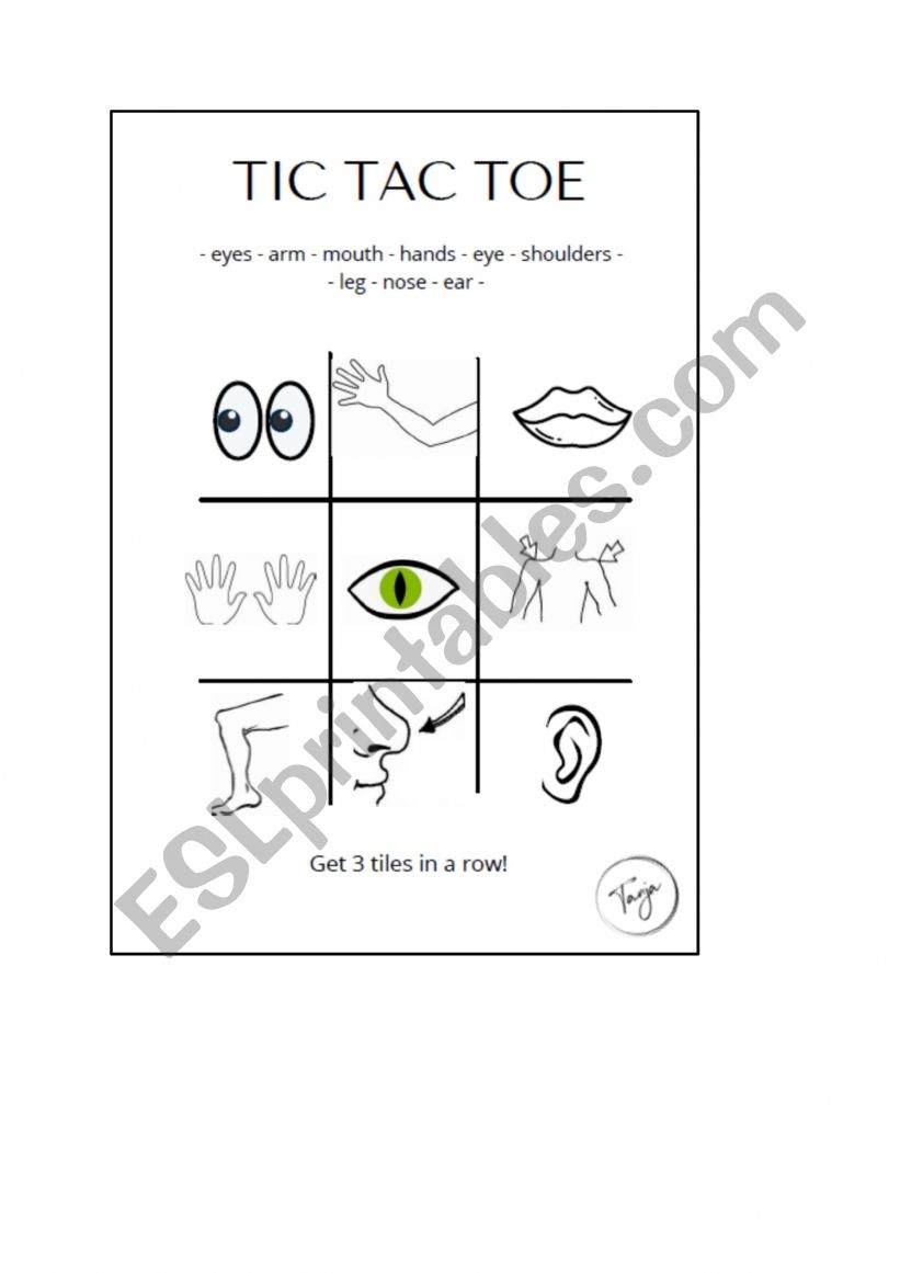 TIC TAC TOE - Body parts worksheet