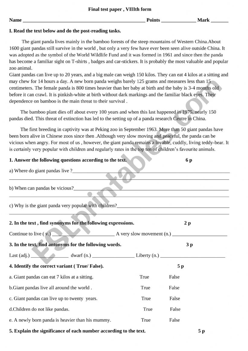 Final test paper, 8th form worksheet