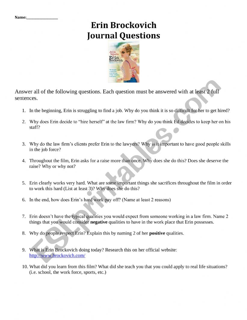 Erin Brockovich Questions worksheet