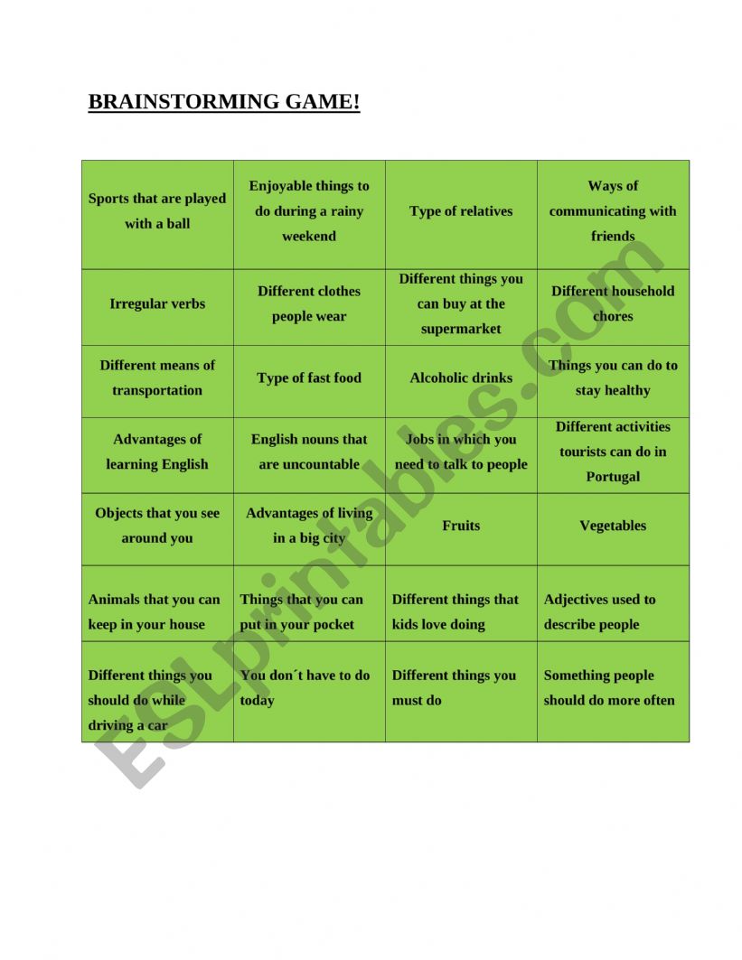 Brainstorming questions worksheet