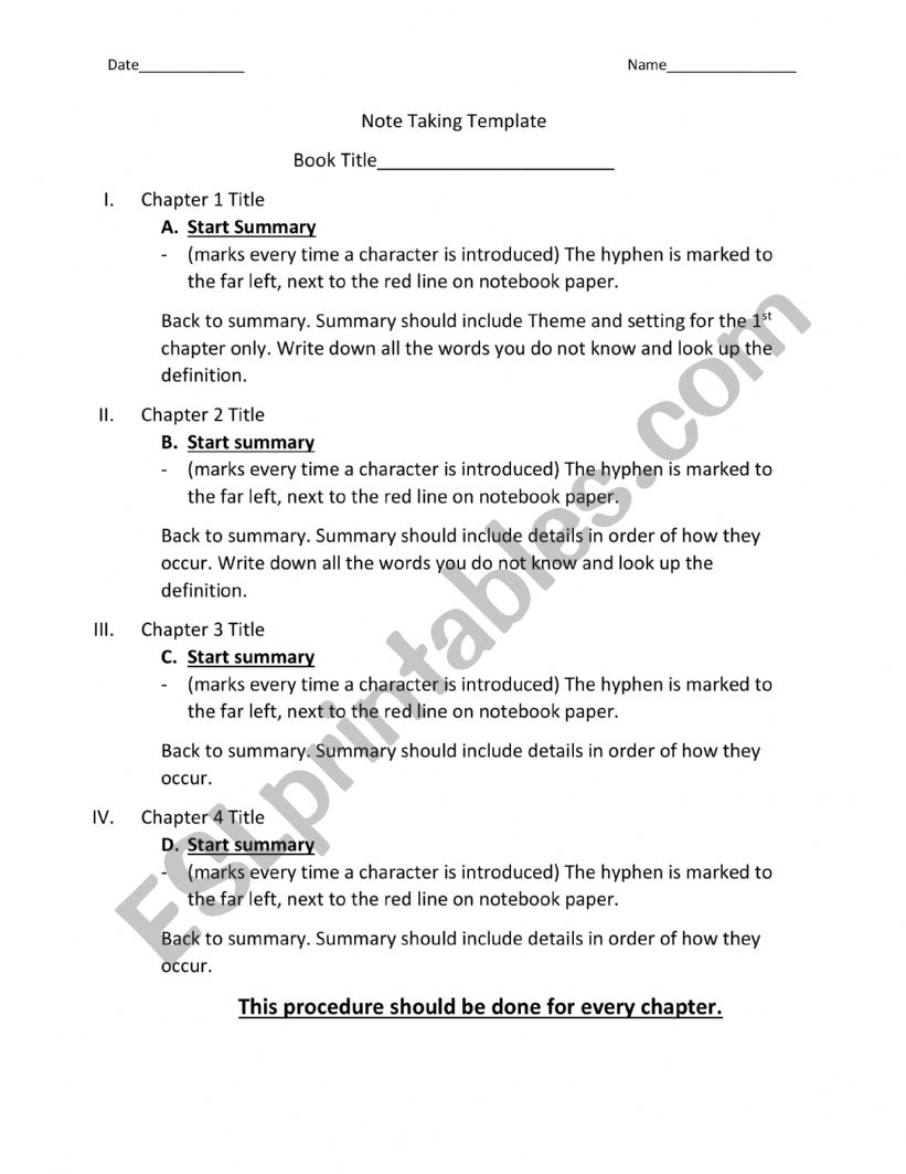 note taking temlate worksheet