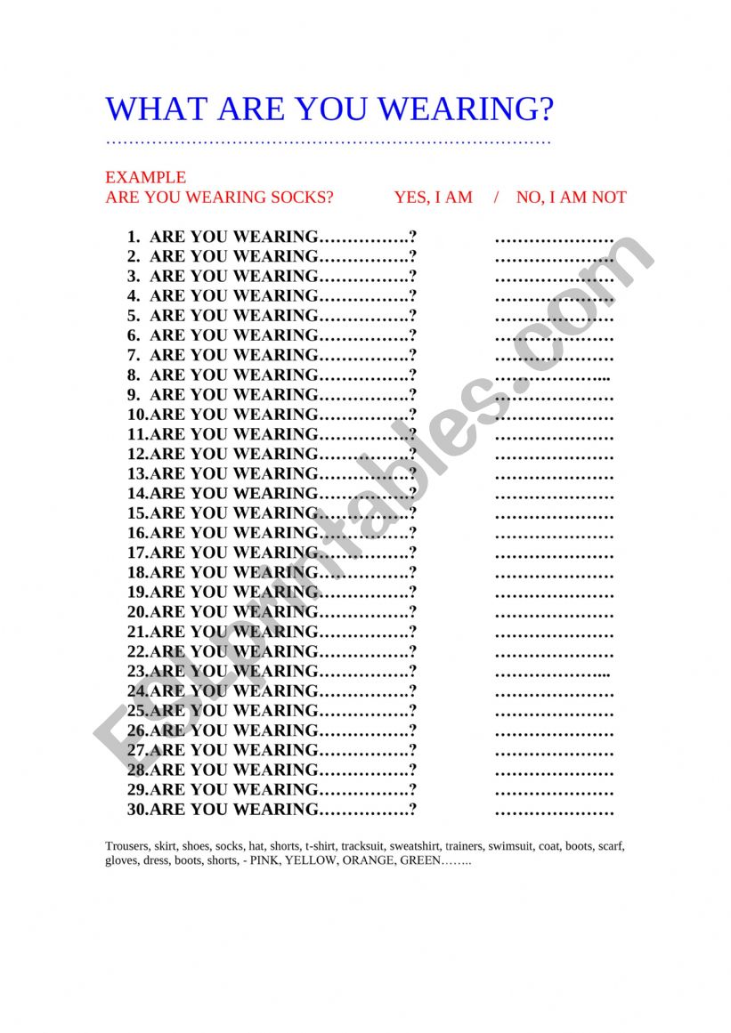 What are you wearing? worksheet