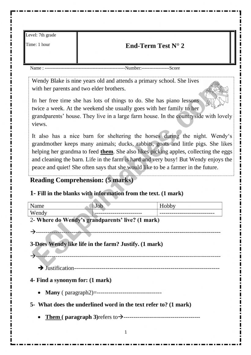 7th form full term test worksheet