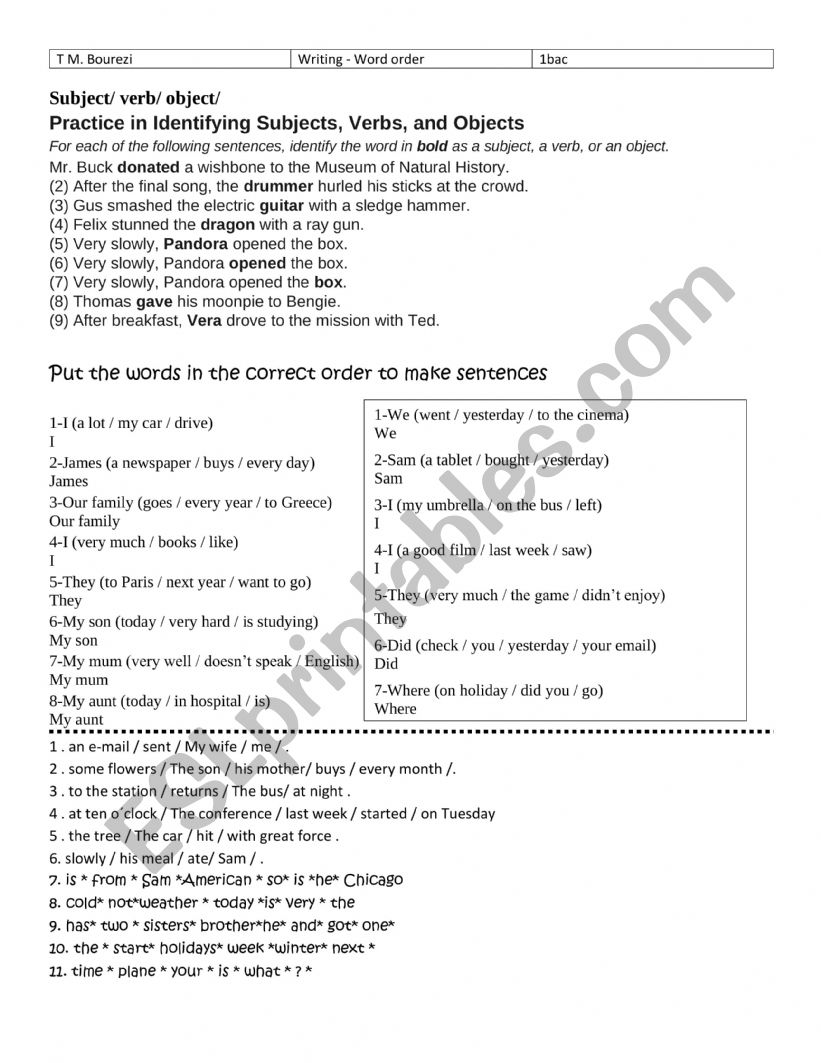 word order  worksheet
