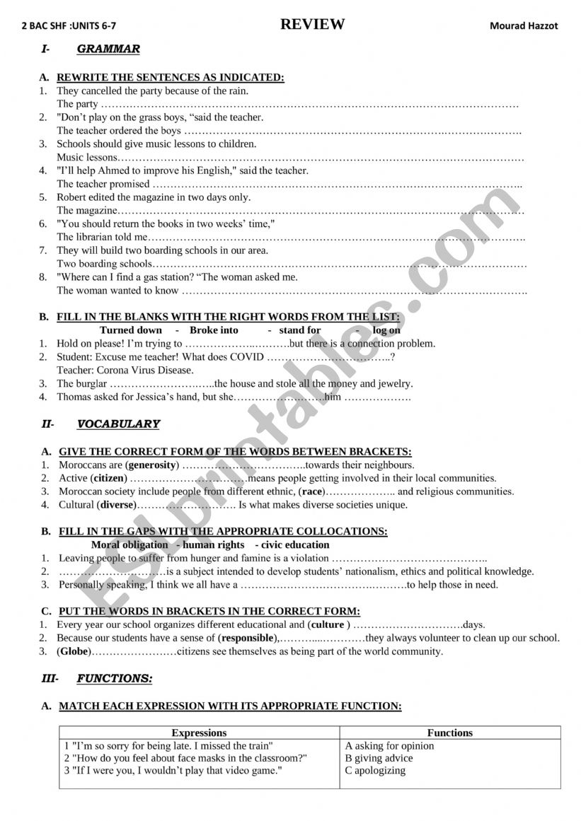 A review worksheet