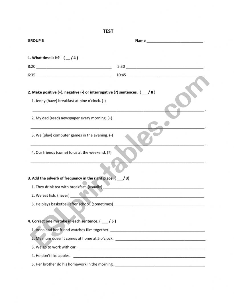 5th grade tests  worksheet