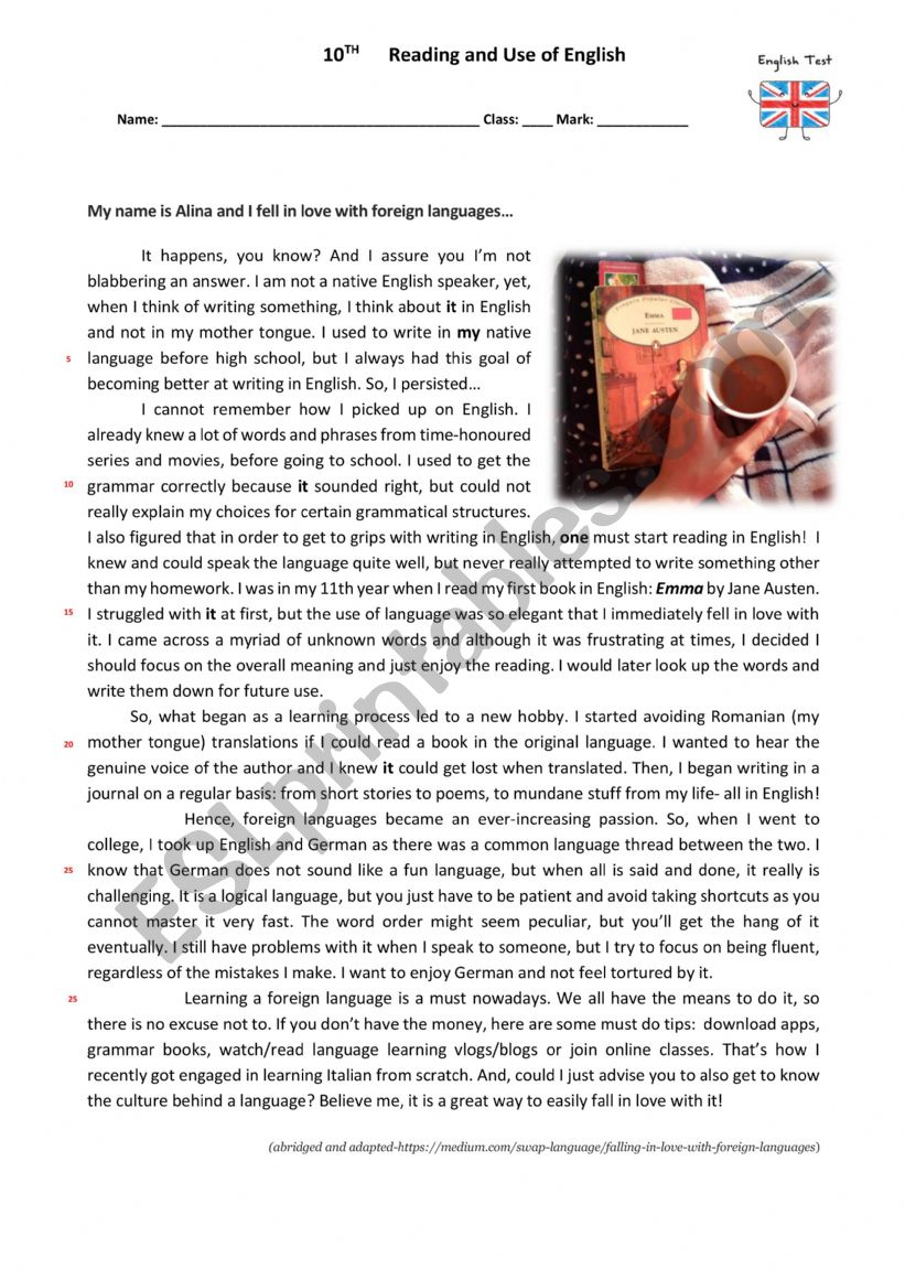 Test - 10th - Falling in Love with languages
