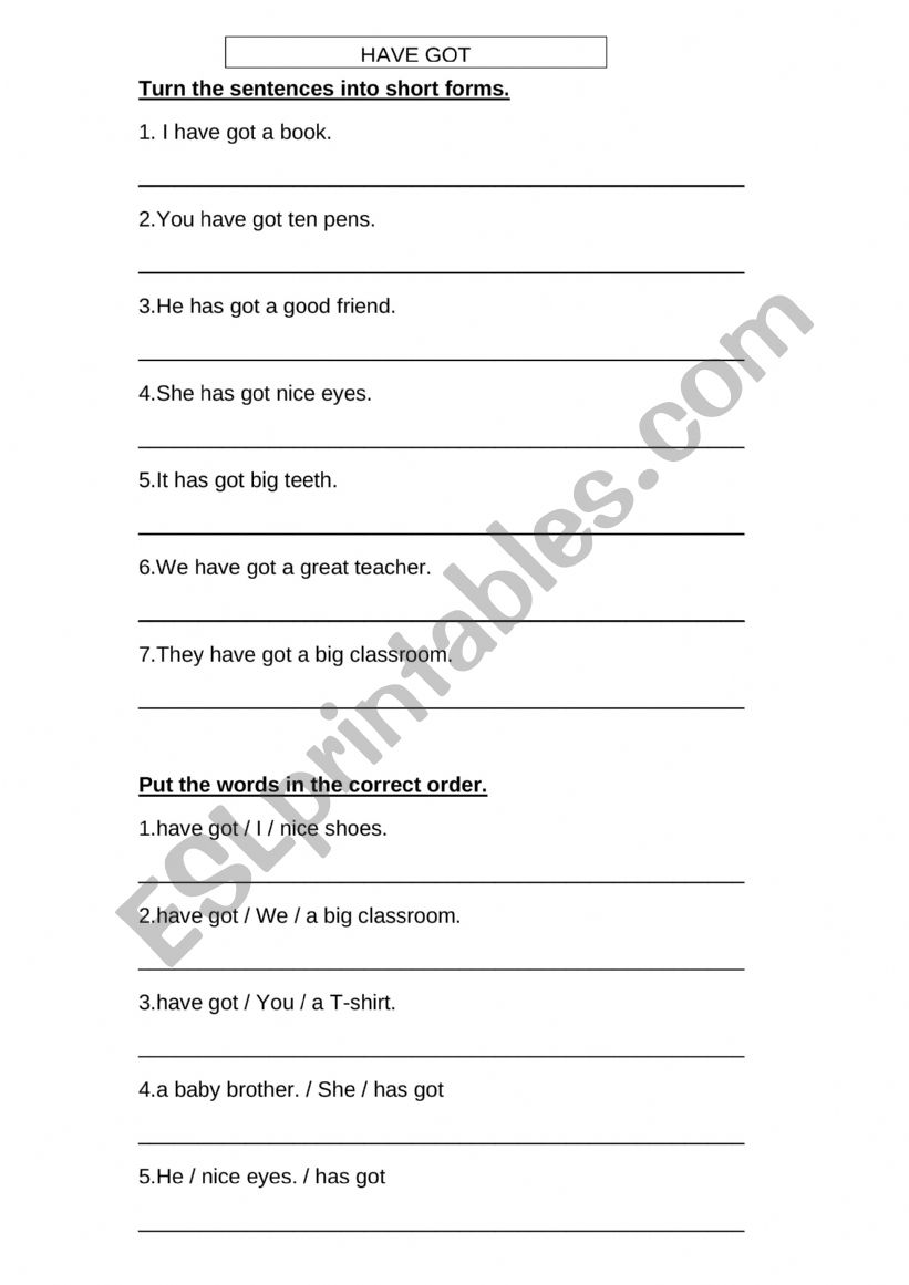 HAVE GOT - HAS GOT worksheet