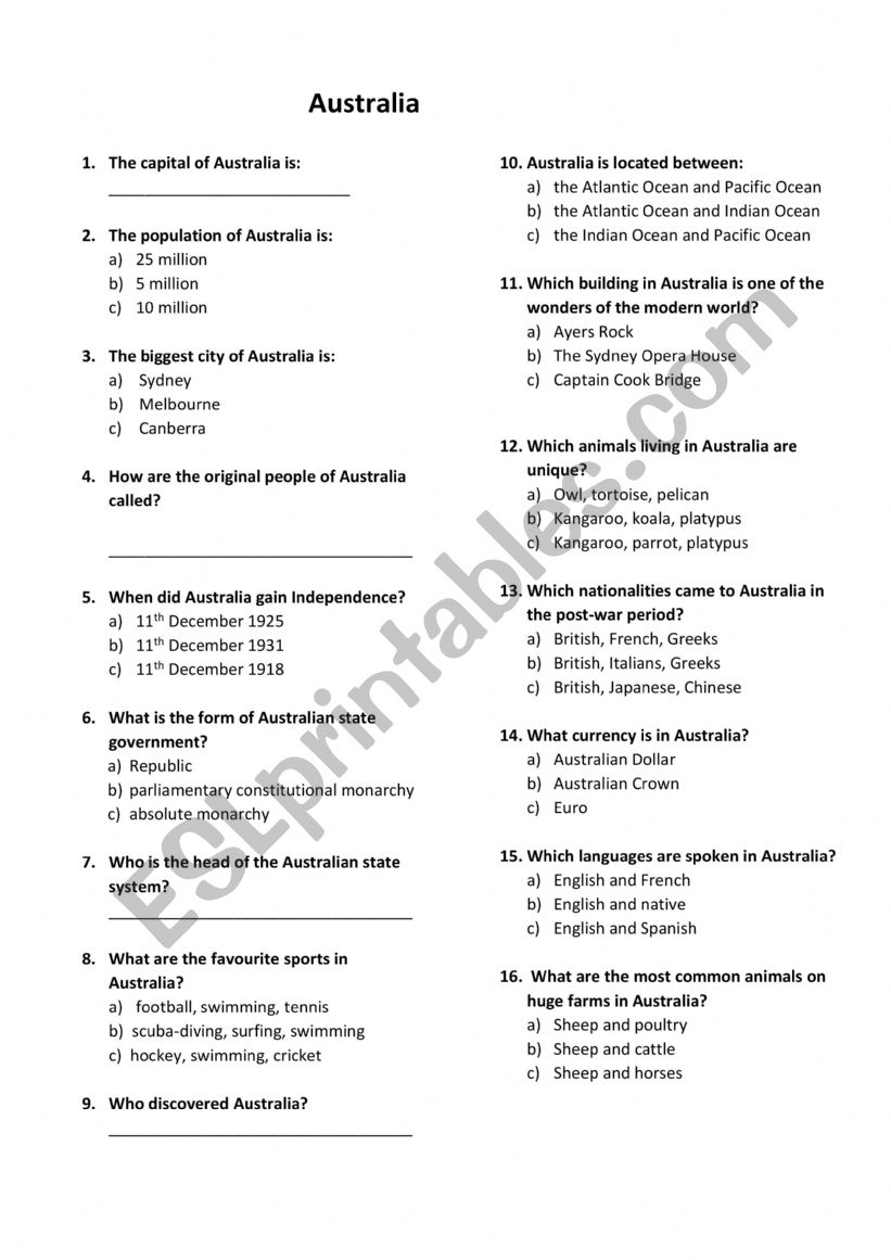 Australia worksheet