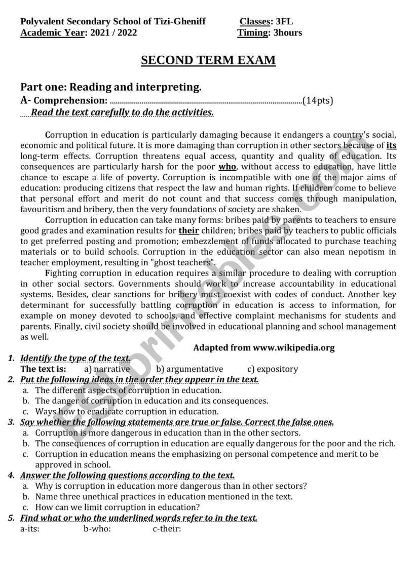 ethics in education worksheet