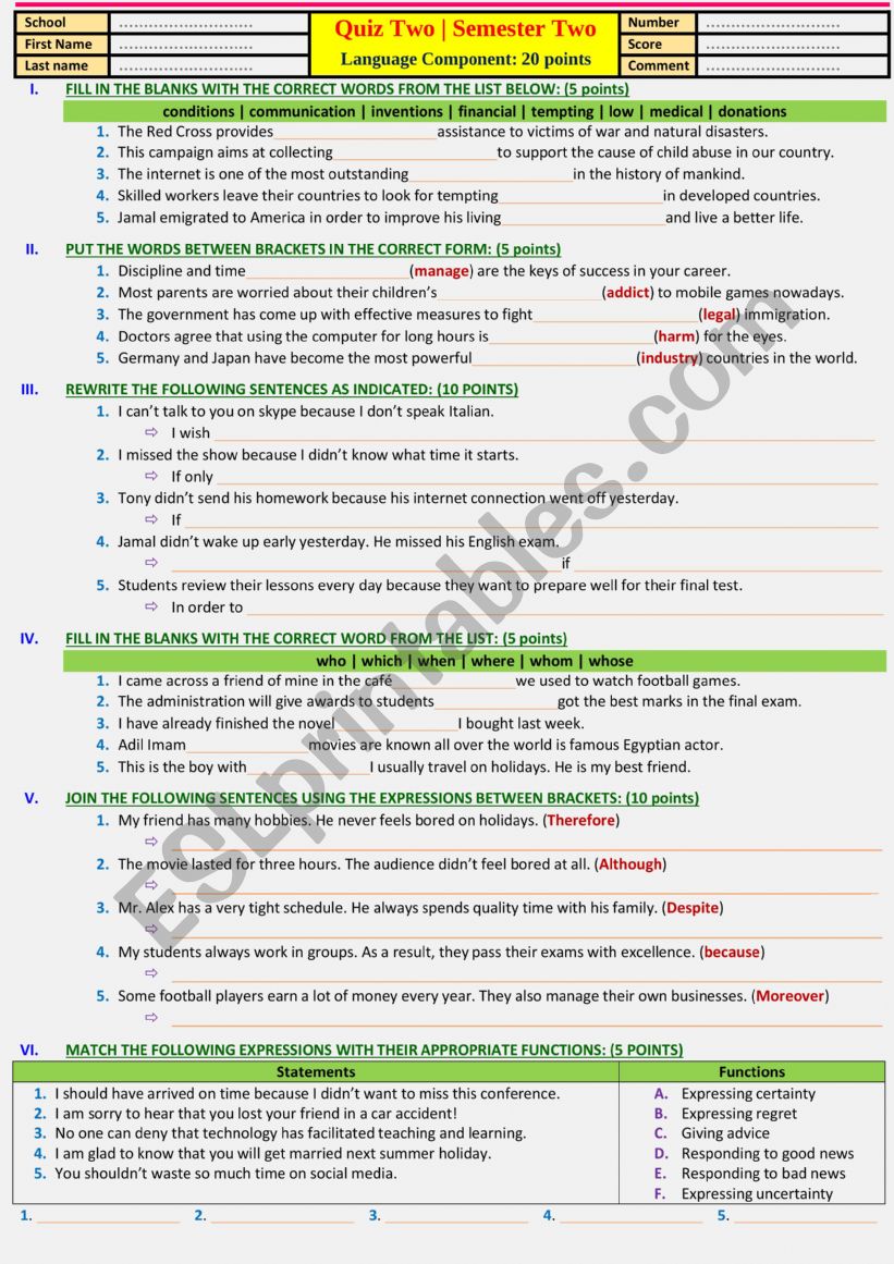 QUIZ 2 FOR 2 BAC STUDENTS ALL STREAMS