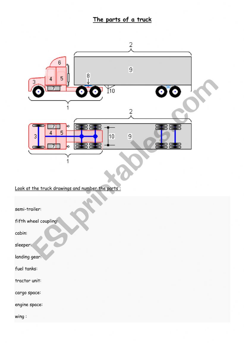 The parts of a truck worksheet