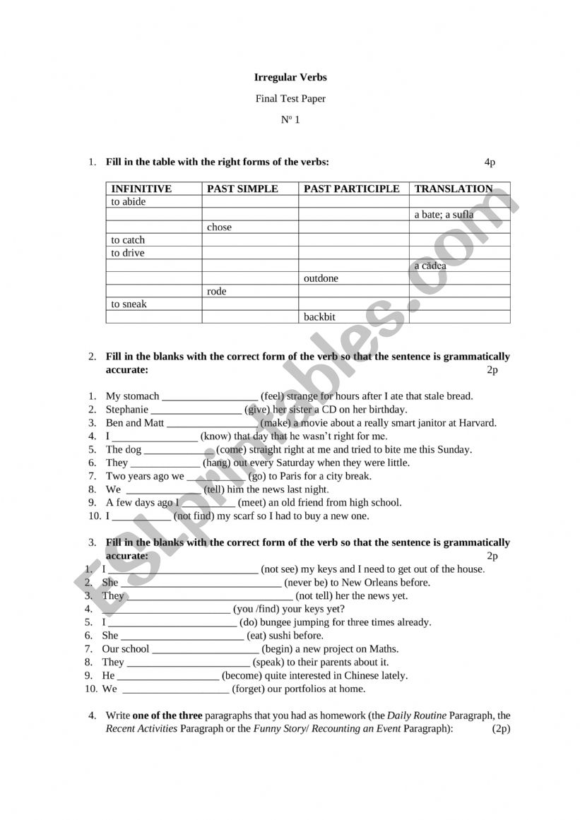 Irregular Verbs Worksheet 1 (PAST SIMPLE and PRESENT PERFECT)