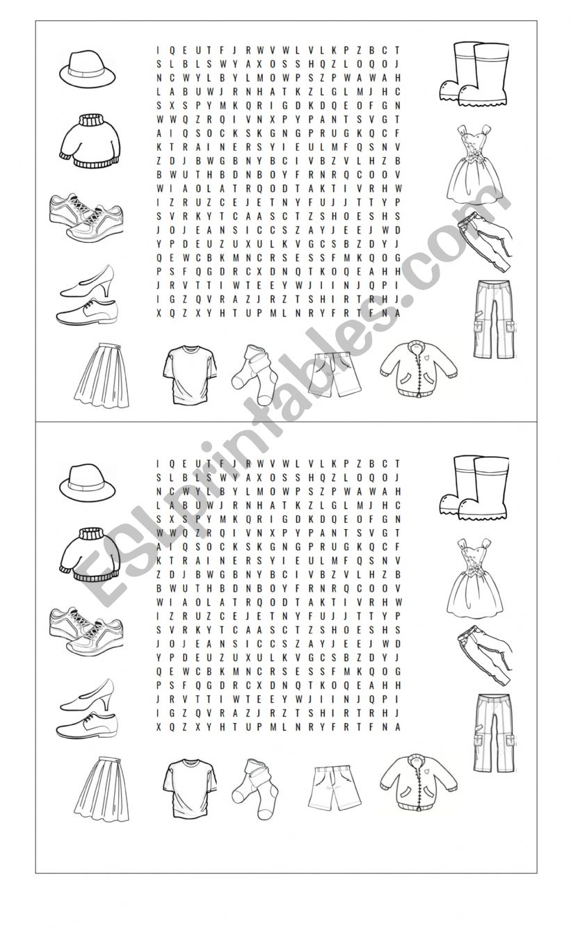 Clothes wordsearch worksheet