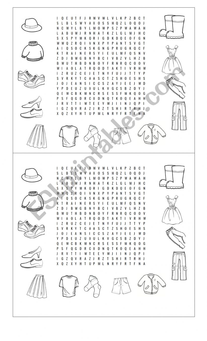 Clothes wordsearch worksheet