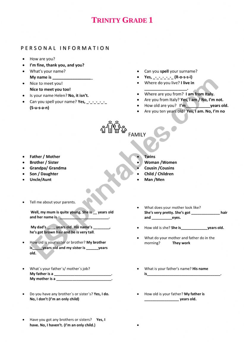 GESE TRINITY GRADE 1 worksheet