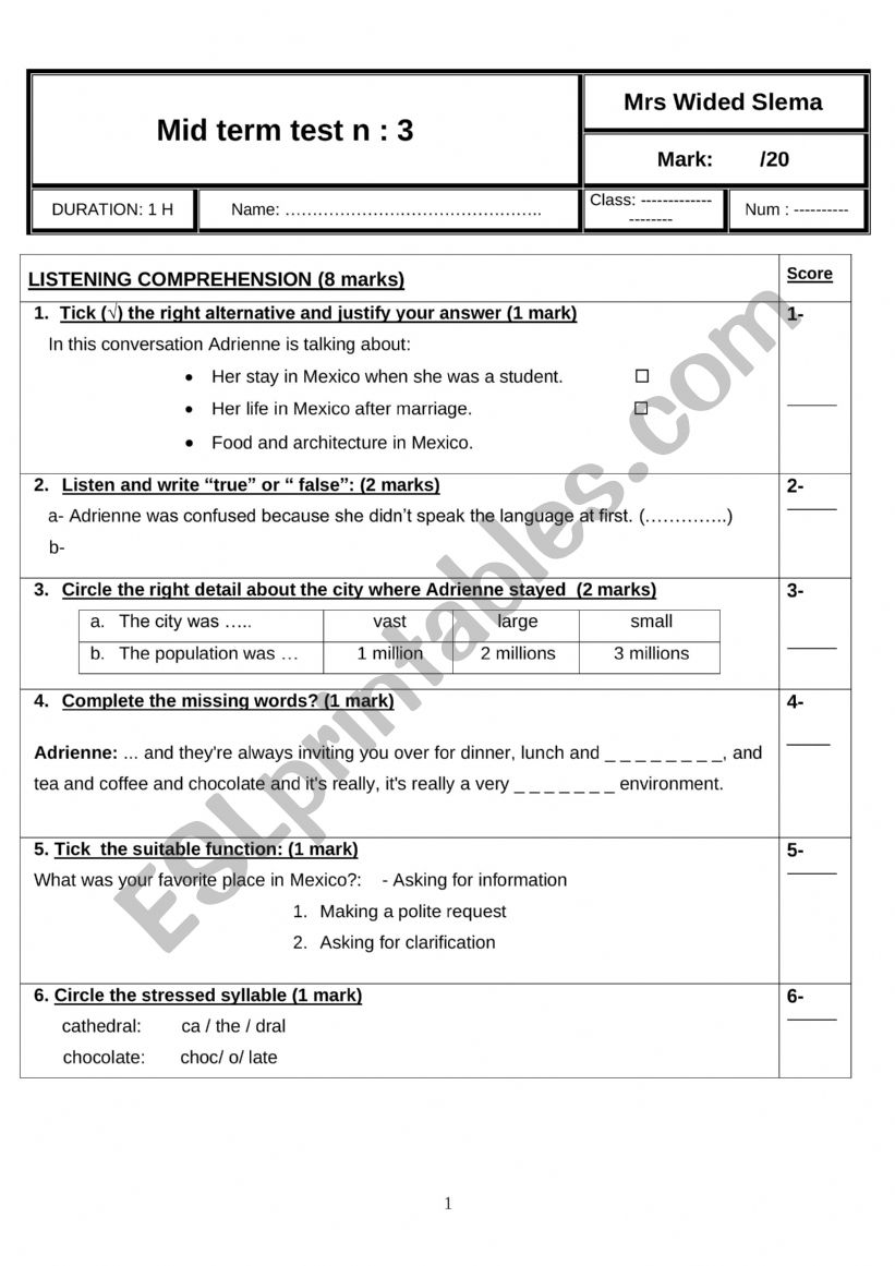 mid test3 3rd form worksheet
