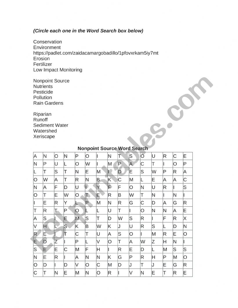 word search worksheet