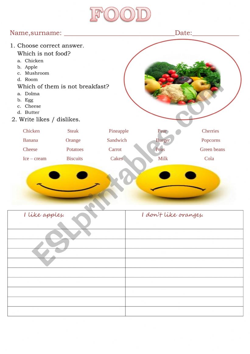 Food vocabulary worksheet