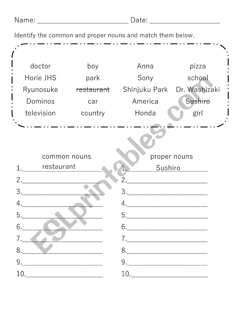 Proper nouns and common nouns worksheet