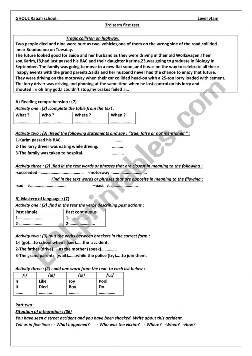 The Third Test worksheet