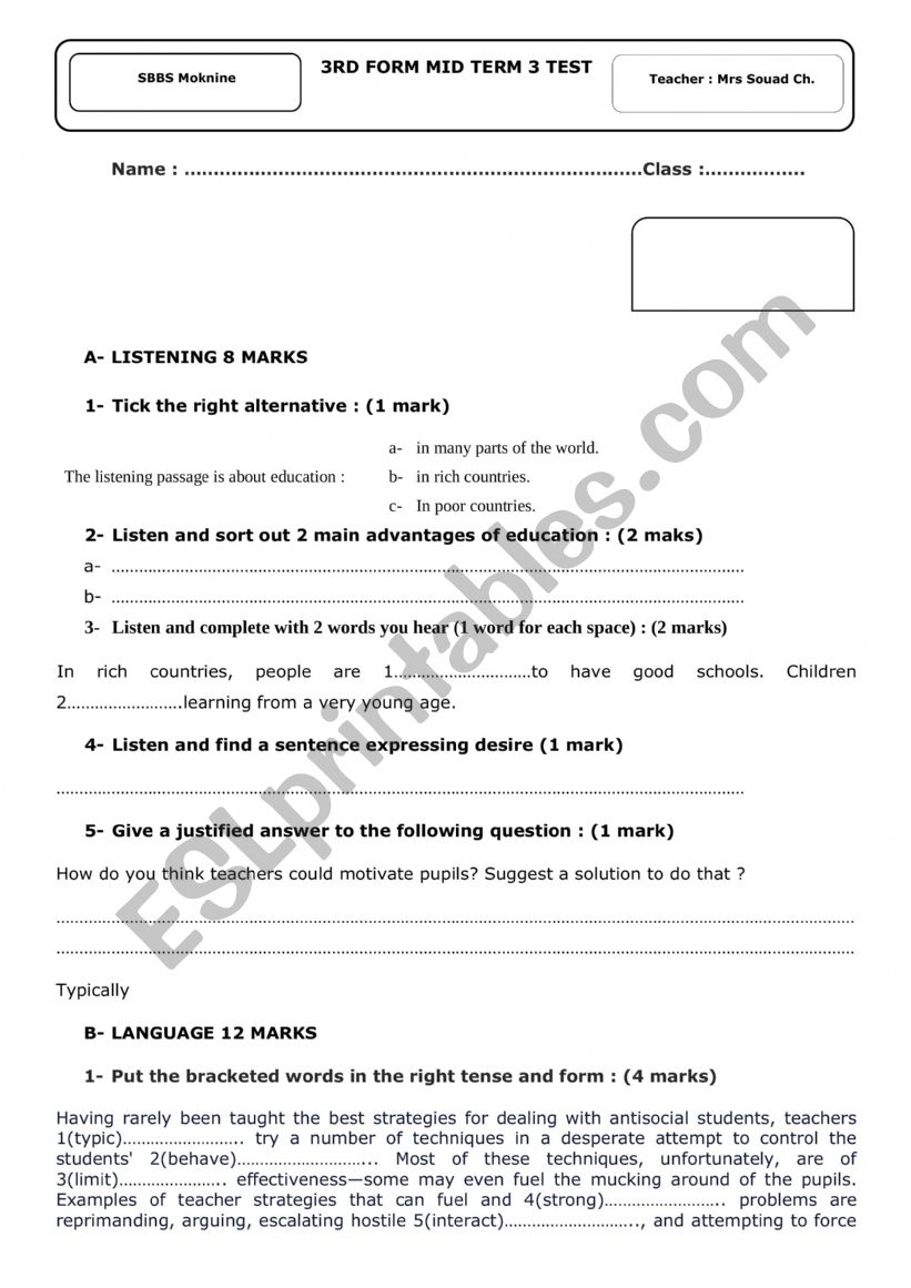 Mid term 3 test 3rd Form worksheet