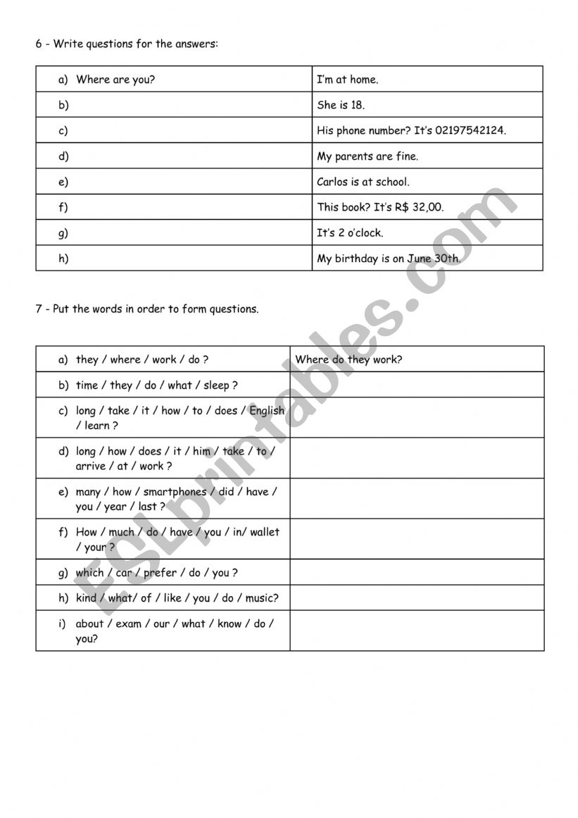 WH Questions 4 - Write questions and put the words in order