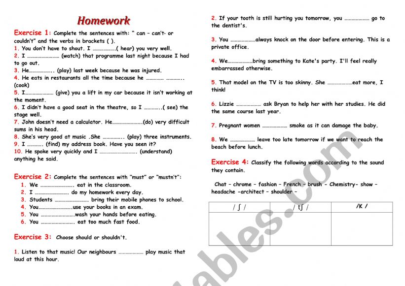 Homework worksheet