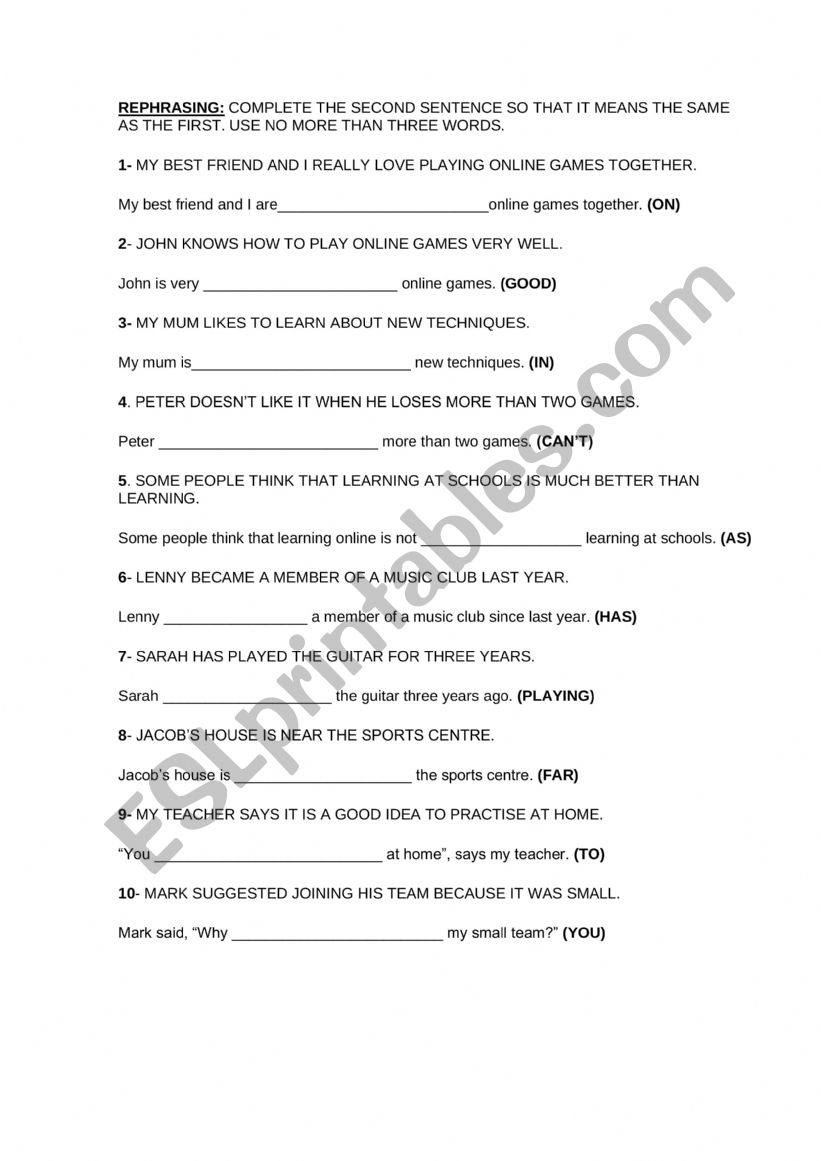 Key word transformations worksheet