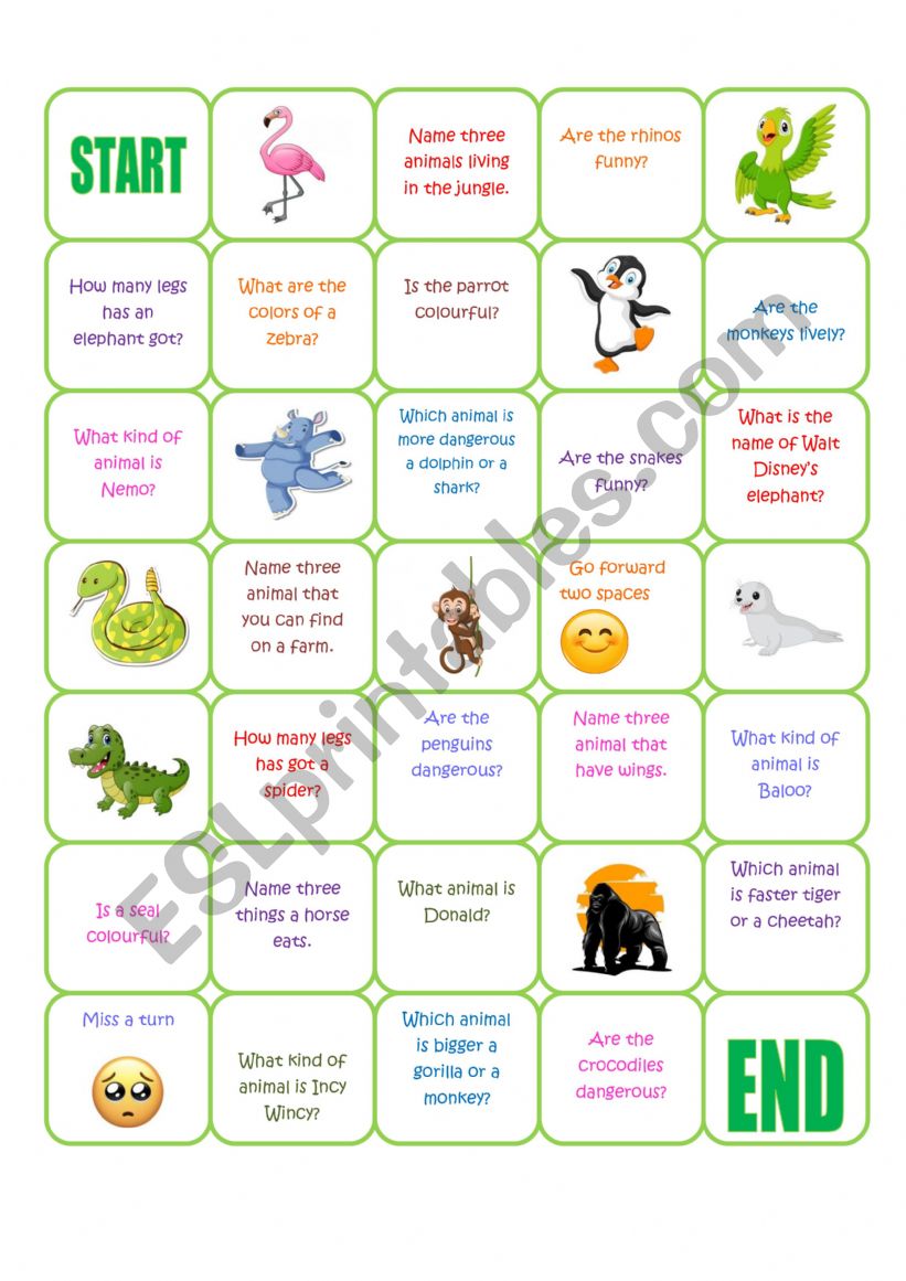 Animal board game worksheet