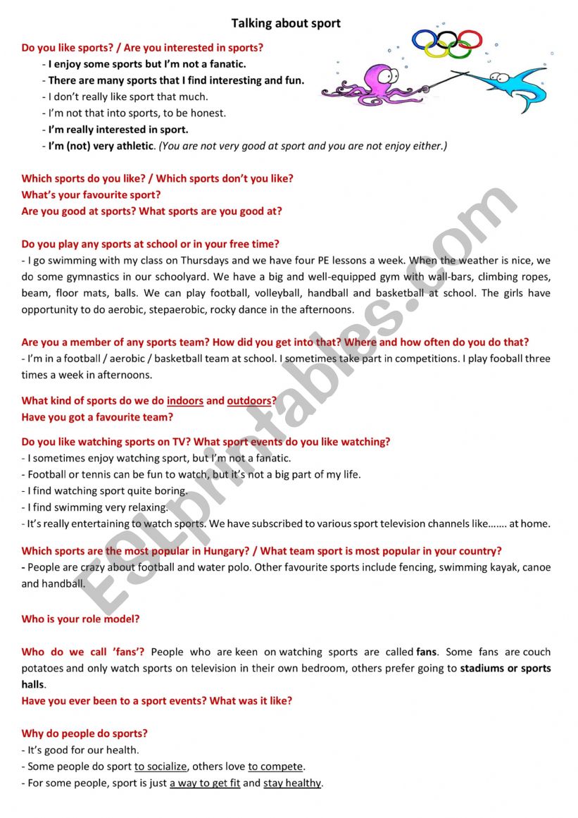 Talking about sport. worksheet