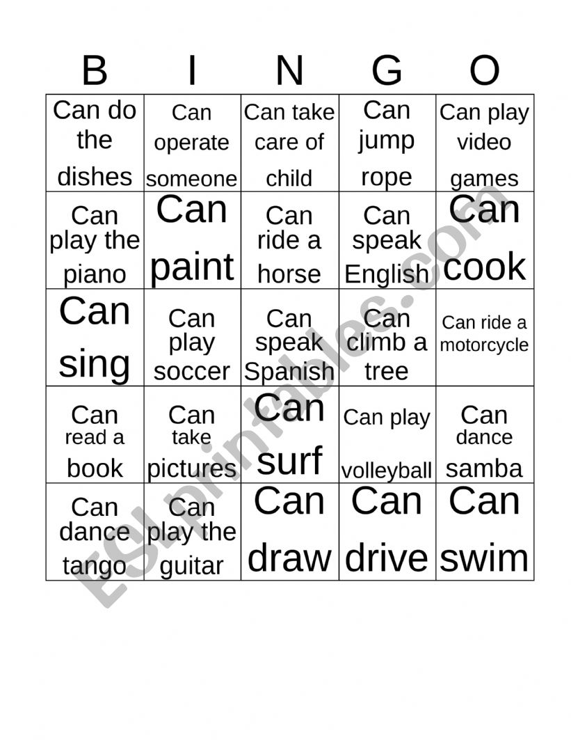 Bingo ,modal verb can worksheet