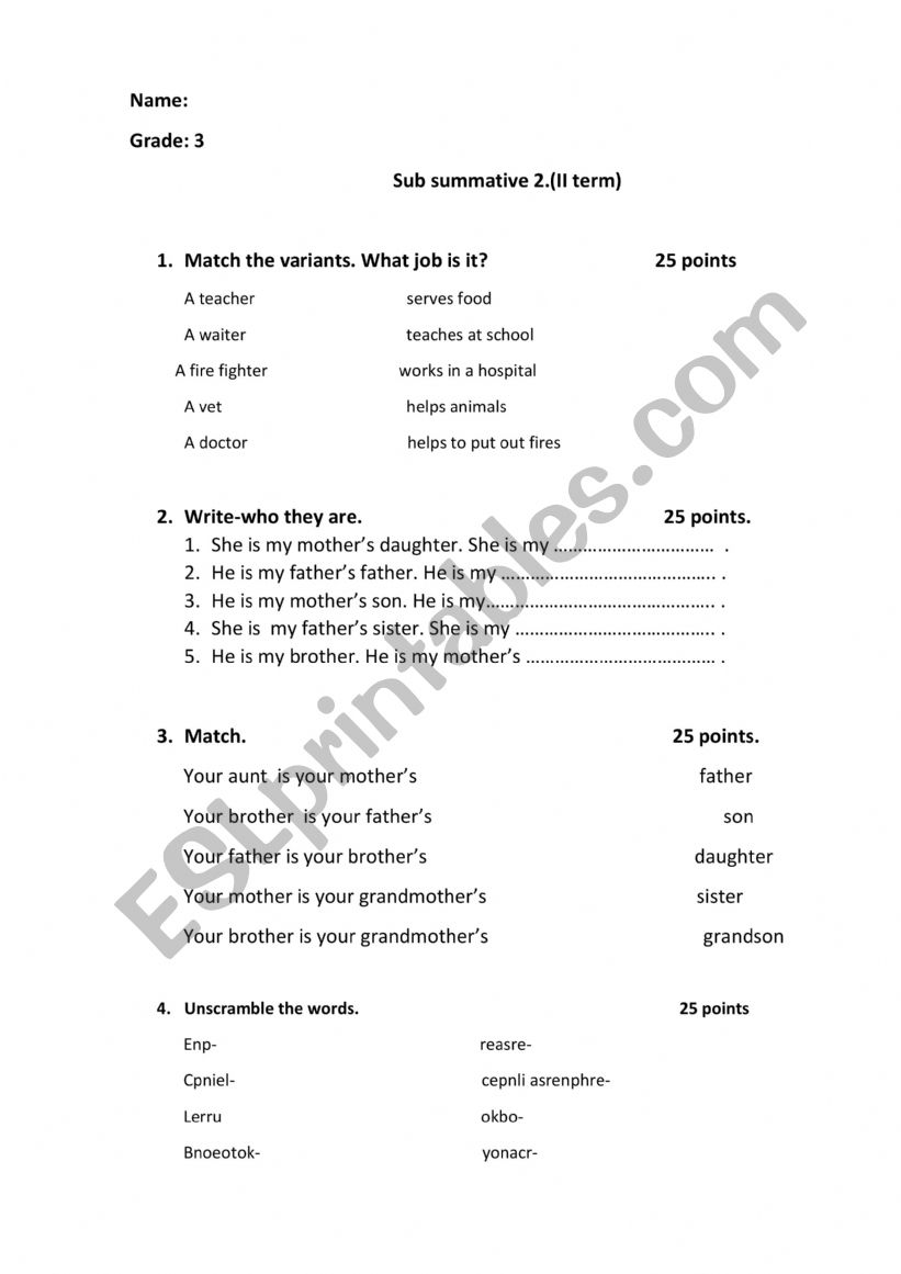 jobs/ family members worksheet