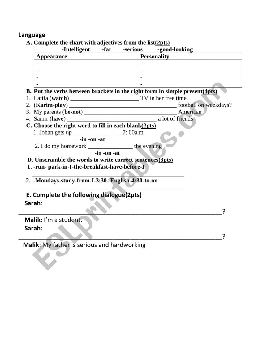 LANGUAGE TEST worksheet