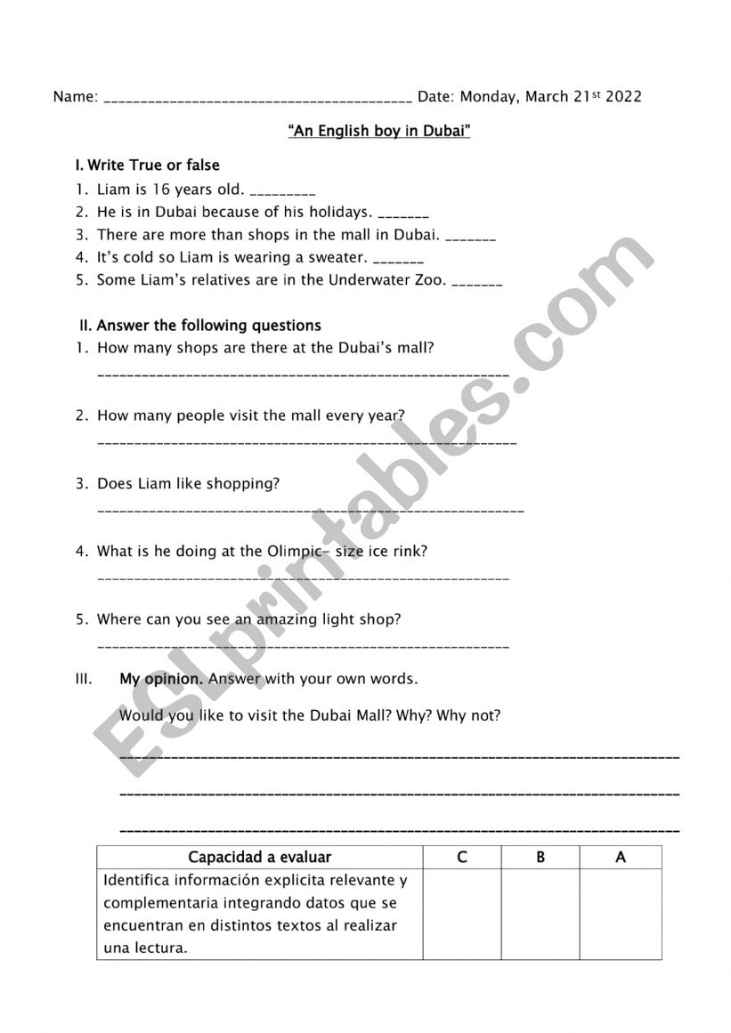 An English boy in Dubai worksheet